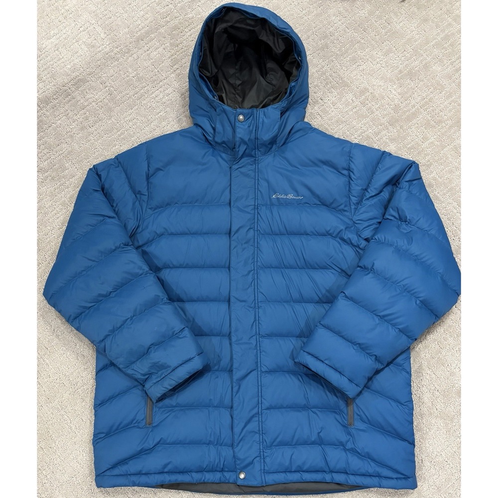 Eddie Bauer Goose Down Hooded Puffer Jacket Coat Blue Mens XXL 2XL Outdoor Parka